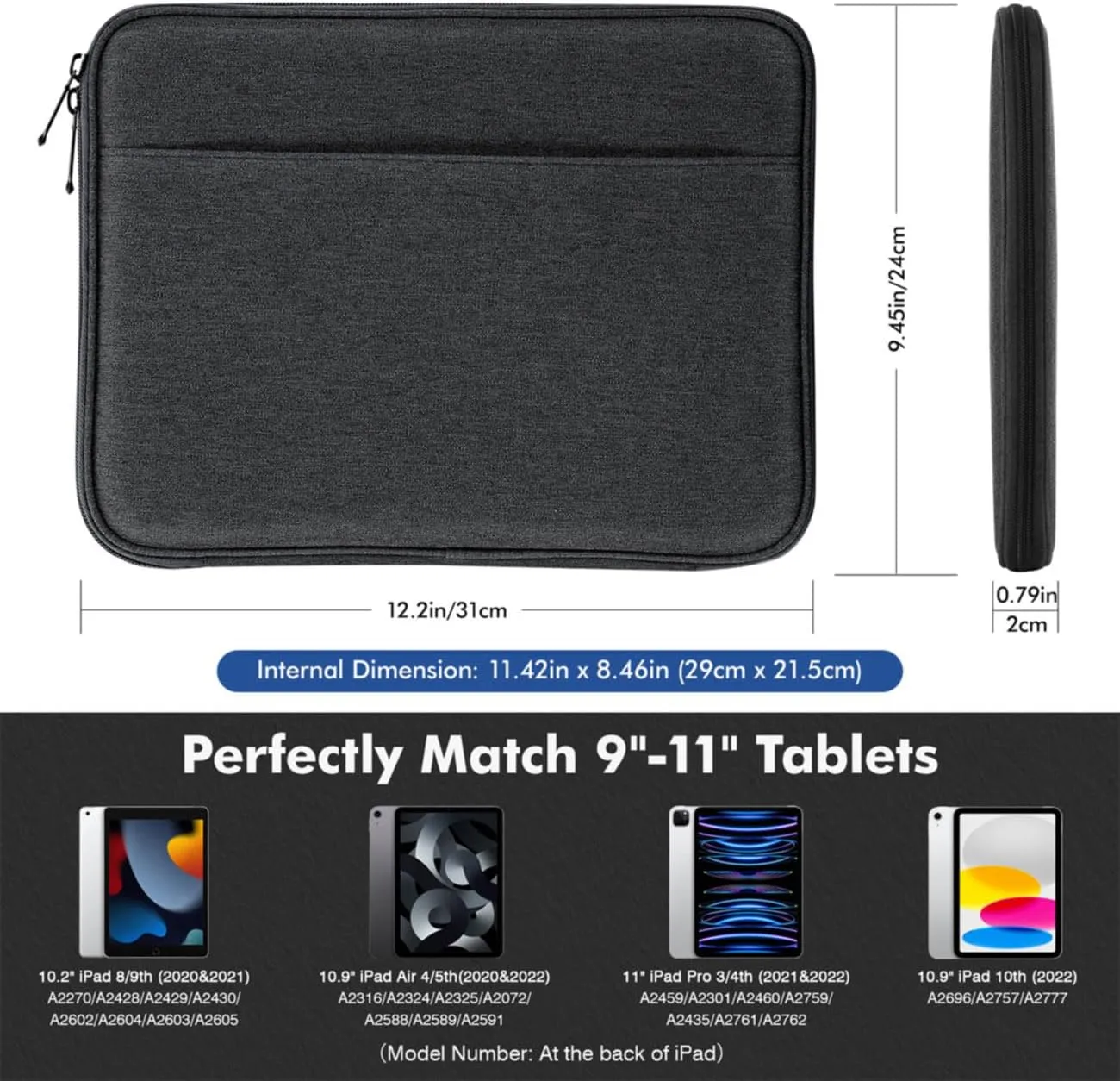 MoKo 9-11 Inch Tablet Sleeve, Protective Carrying Bag with Two Compartments Fits New iPad Air/Pro 11 inch 2024, iPad Air 5/4th 10.9, iPad 9/8/7th 10.2, iPad 10th 10.9, Tab S8/S9 11, Black & Gray