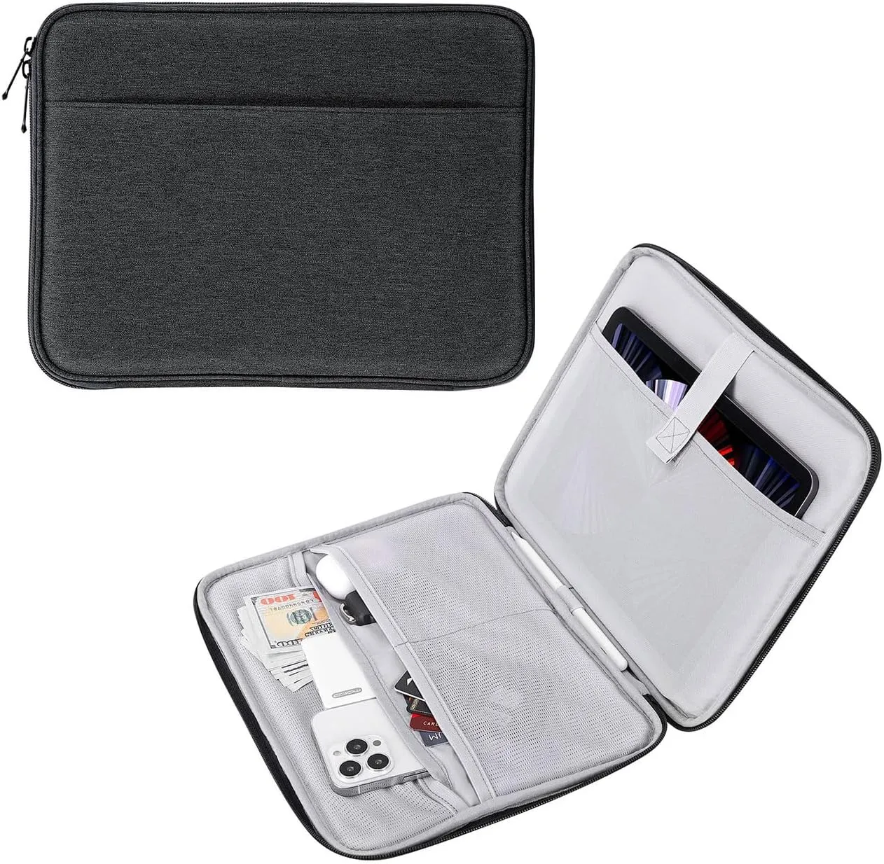 MoKo 9-11 Inch Tablet Sleeve, Protective Carrying Bag with Two Compartments Fits New iPad Air/Pro 11 inch 2024, iPad Air 5/4th 10.9, iPad 9/8/7th 10.2, iPad 10th 10.9, Tab S8/S9 11, Black & Gray