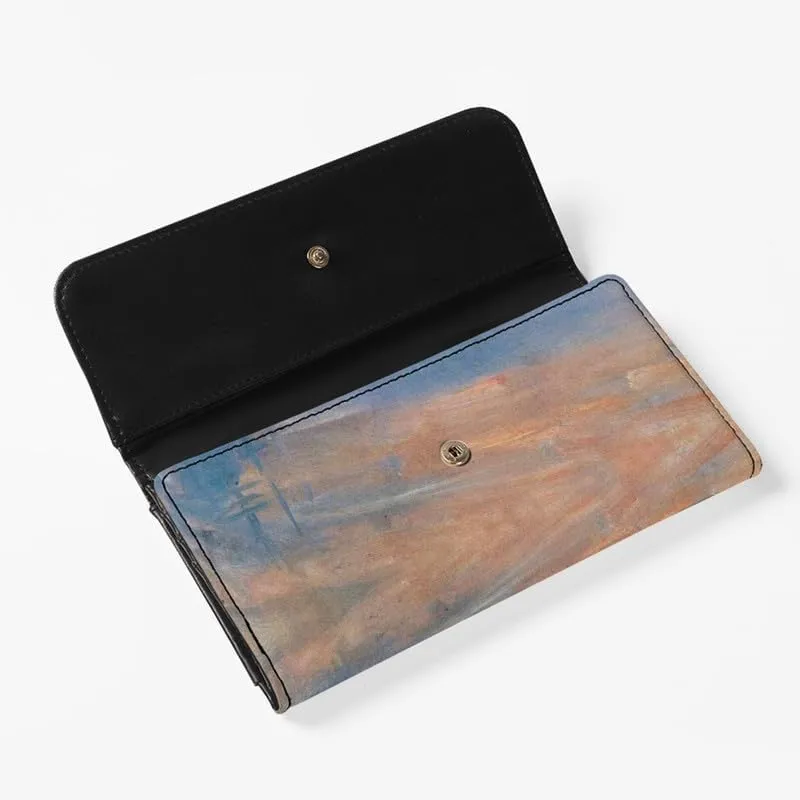 Monet Art Long Leather Wallets for Women Impressionism Style Large Money Manager, Impression Sunrise Print Tri-fold Clutch with ID Card Transparent Slot