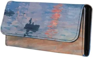 Monet Art Long Leather Wallets for Women Impressionism Style Large Money Manager, Impression Sunrise Print Tri-fold Clutch with ID Card Transparent Slot