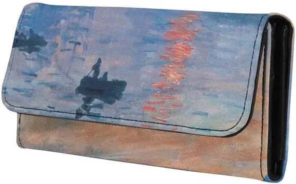Monet Art Long Leather Wallets for Women Impressionism Style Large Money Manager, Impression Sunrise Print Tri-fold Clutch with ID Card Transparent Slot