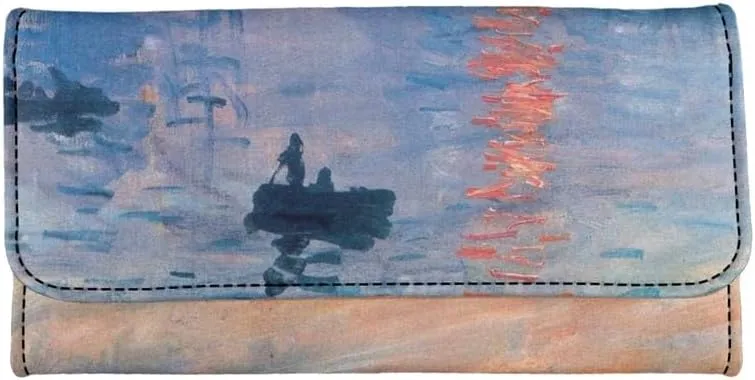 Monet Art Long Leather Wallets for Women Impressionism Style Large Money Manager, Impression Sunrise Print Tri-fold Clutch with ID Card Transparent Slot