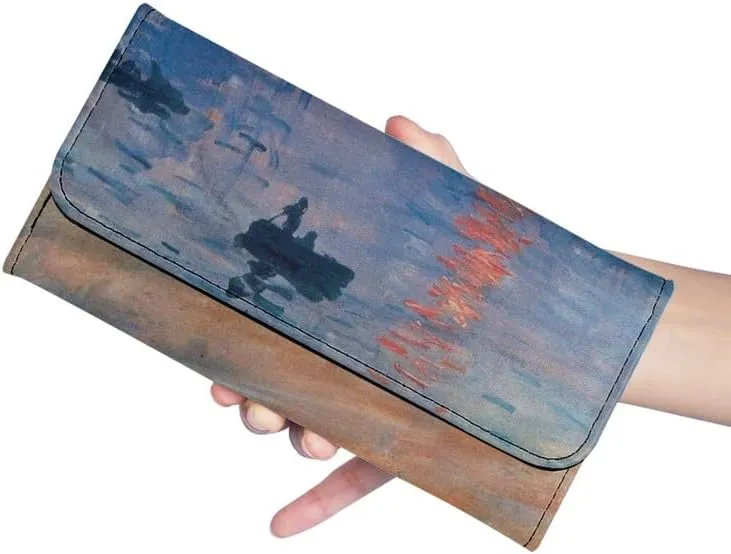 Monet Art Long Leather Wallets for Women Impressionism Style Large Money Manager, Impression Sunrise Print Tri-fold Clutch with ID Card Transparent Slot