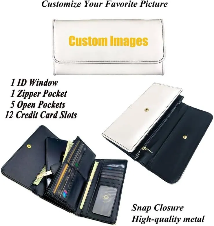 Monet Art Long Leather Wallets for Women Impressionism Style Large Money Manager, Impression Sunrise Print Tri-fold Clutch with ID Card Transparent Slot