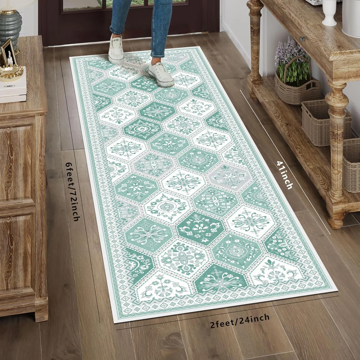 Moroccan Trellis Runner Rug - 2x6 Hallway Runner Rugs with Non-Slip Backing Low-Pile Washable 2x6 Printed Rug Runners for Hallway Kitchen Farmhouse Bathroom Laundry Room Bedroom- Teal
