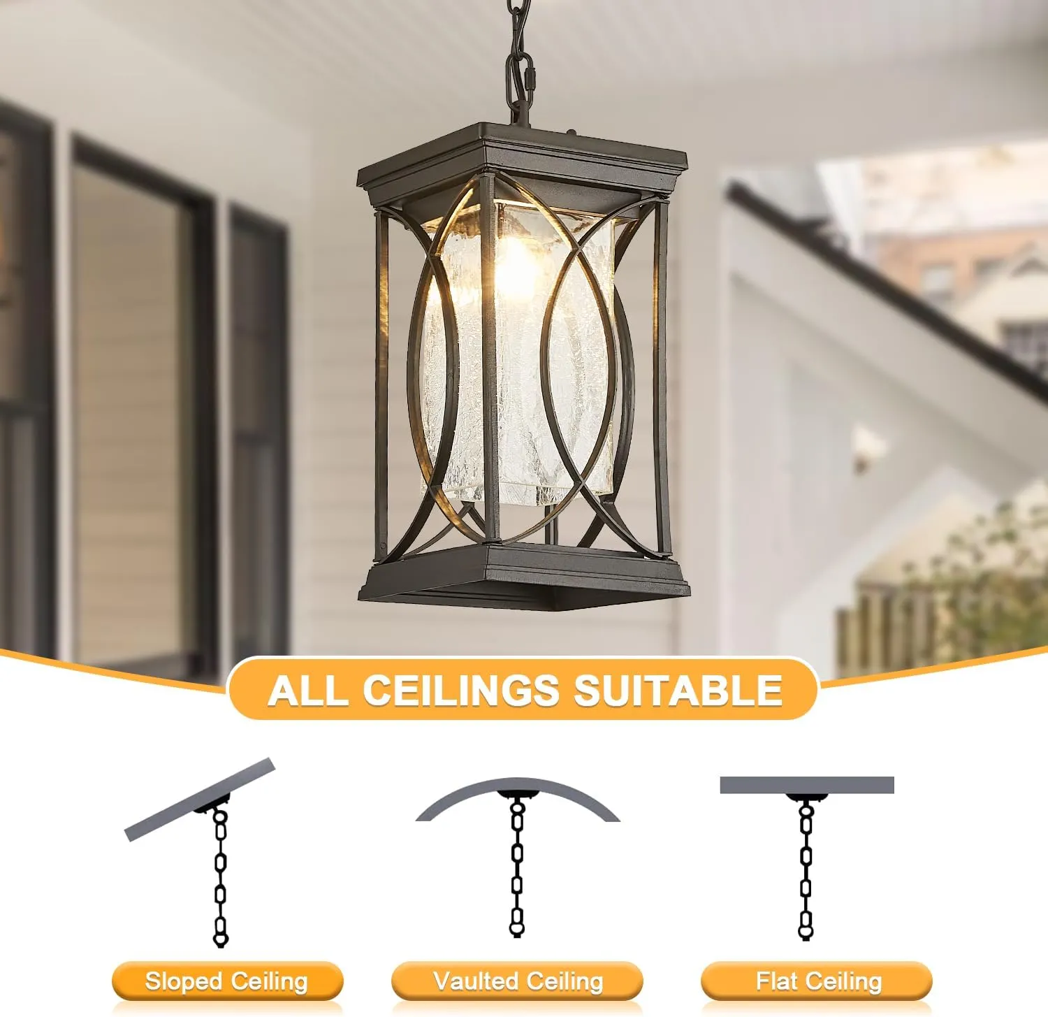 Motion Outdoor Pendant Light Fixtures Dusk to Dawn Exterior Ceiling Hanging Lantern for Porch, Modern Black Outside Chandelier Light with Crack Glass for Front Door Porch Gazebo Foyer Entryway