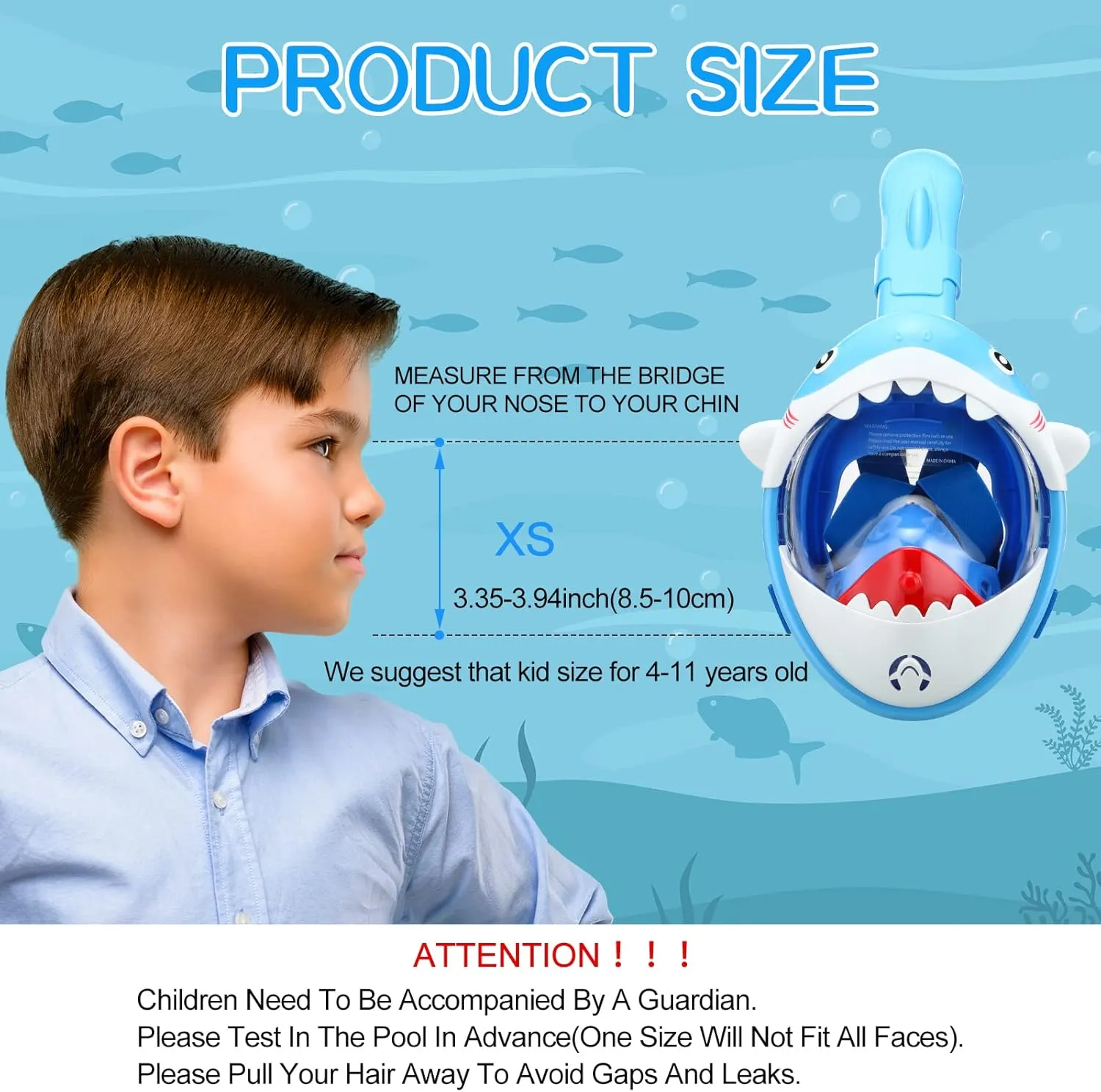 Moukeren 2 Pcs Full Face Snorkel Mask for Kids with Adjustable Swim Fins 180 Degree Panoramic View Shark Snorkeling Gear Diving Fins Swim Flippers for Children Boys Girls