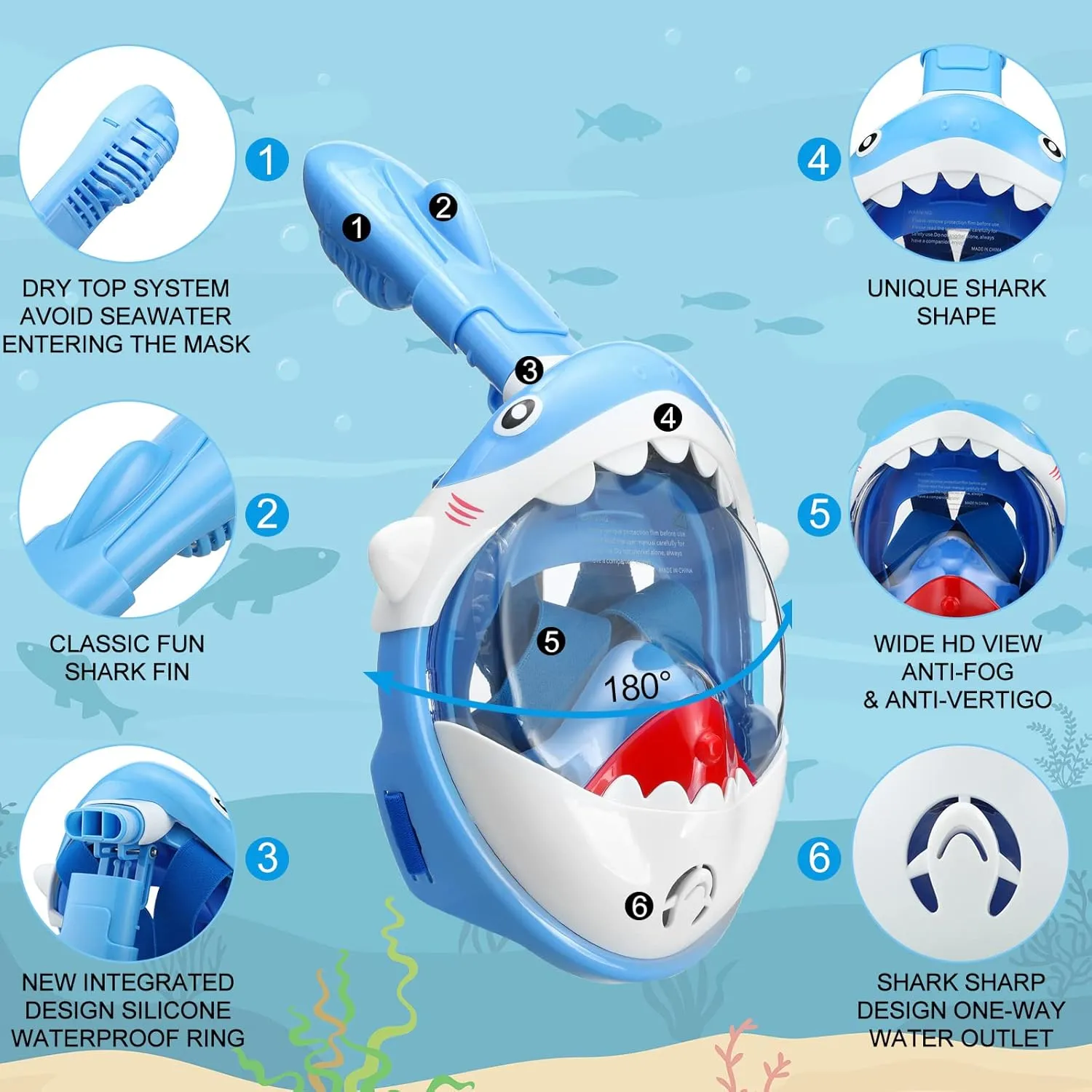 Moukeren 2 Pcs Full Face Snorkel Mask for Kids with Adjustable Swim Fins 180 Degree Panoramic View Shark Snorkeling Gear Diving Fins Swim Flippers for Children Boys Girls