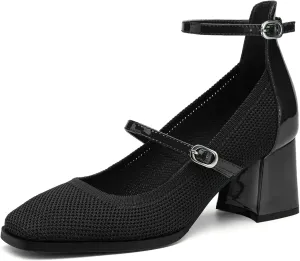 Mousse FIT Mary Janes Pumps for Women, Work Square Toe Dress Shoes with Block Heel Black 9