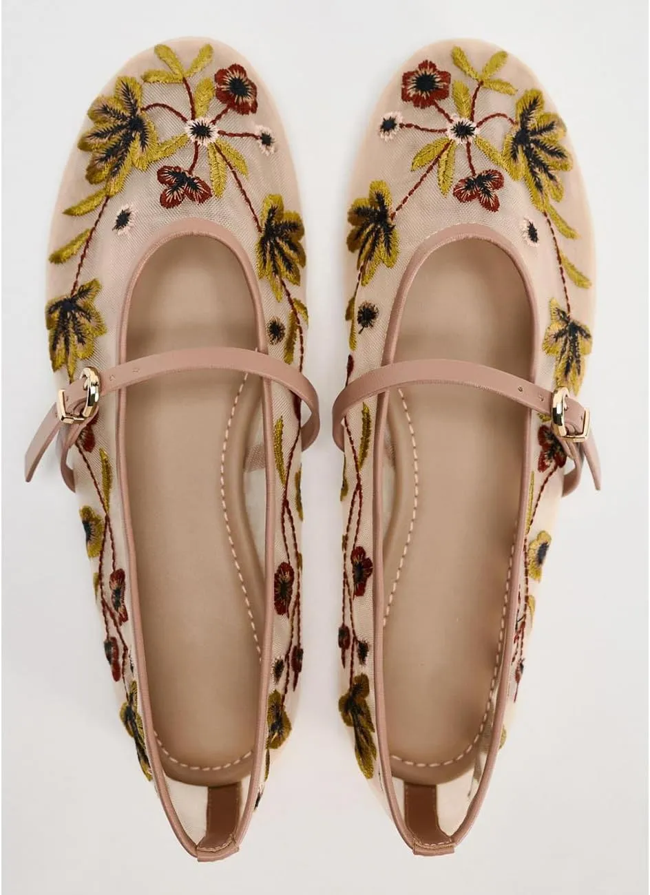 MRKEWUNEY Mesh Ballet Flats for Women Embroidered Floral Round Toe Mary Jane Flats