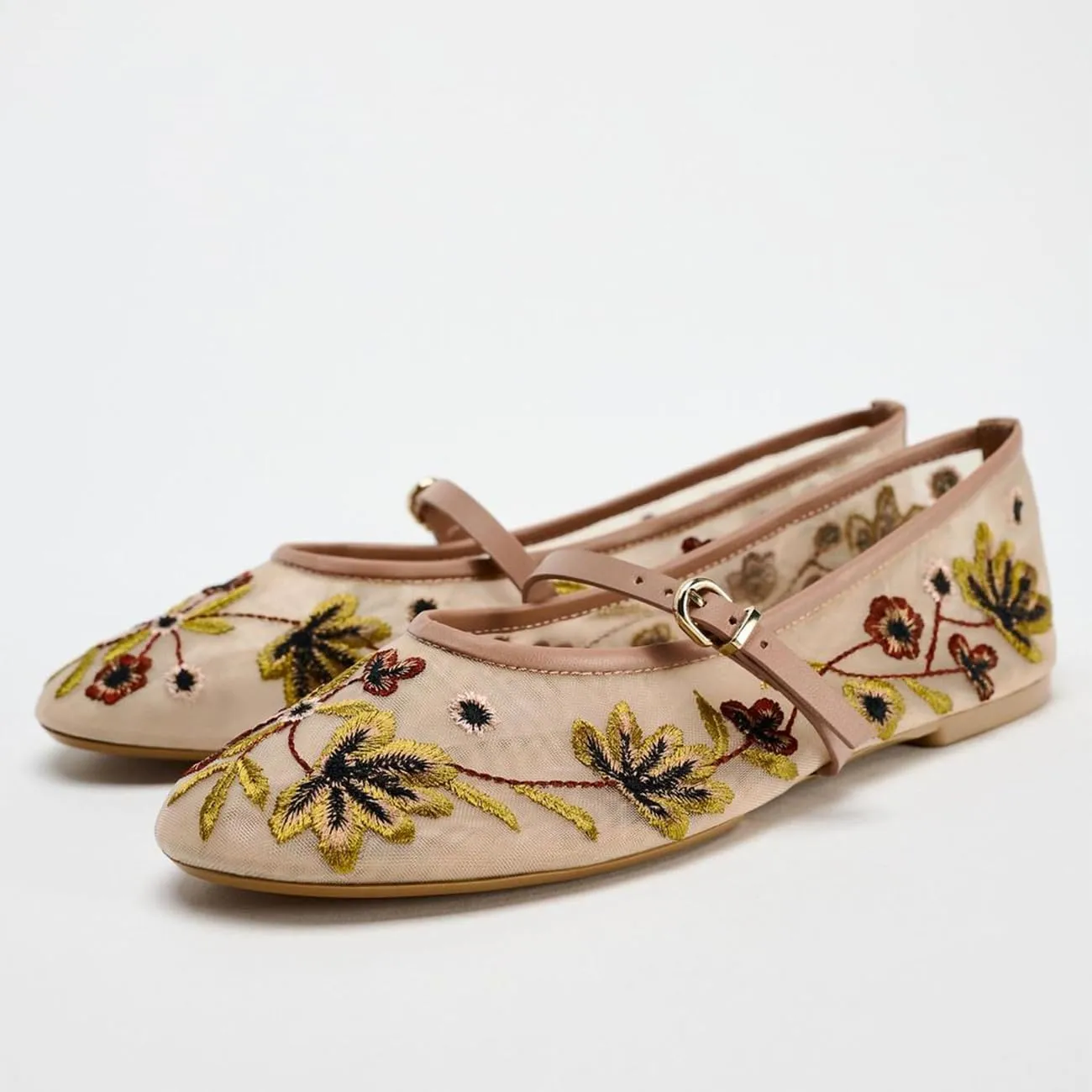 MRKEWUNEY Mesh Ballet Flats for Women Embroidered Floral Round Toe Mary Jane Flats