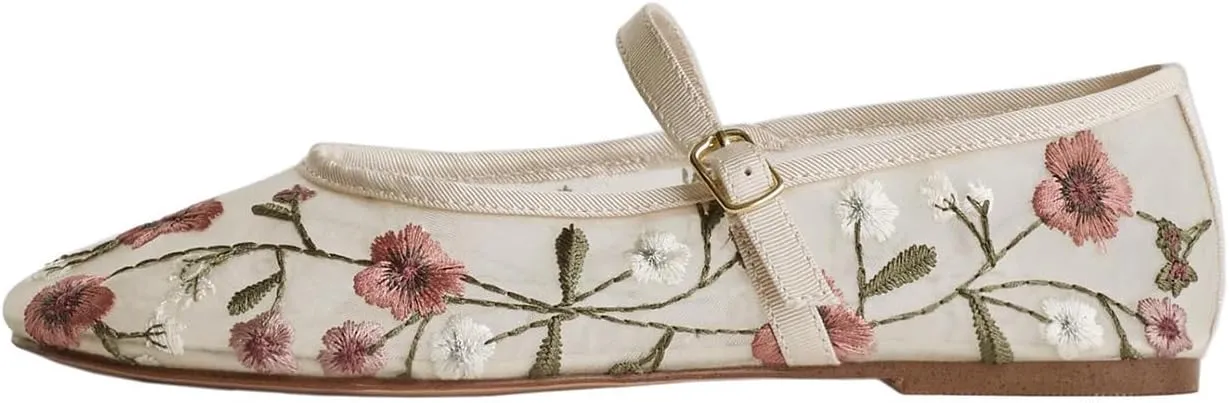 MRKEWUNEY Mesh Ballet Flats for Women Embroidered Floral Round Toe Mary Jane Flats