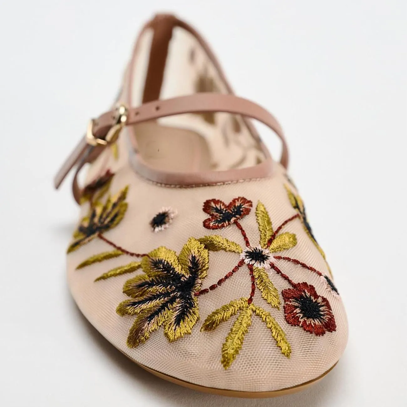 MRKEWUNEY Mesh Ballet Flats for Women Embroidered Floral Round Toe Mary Jane Flats