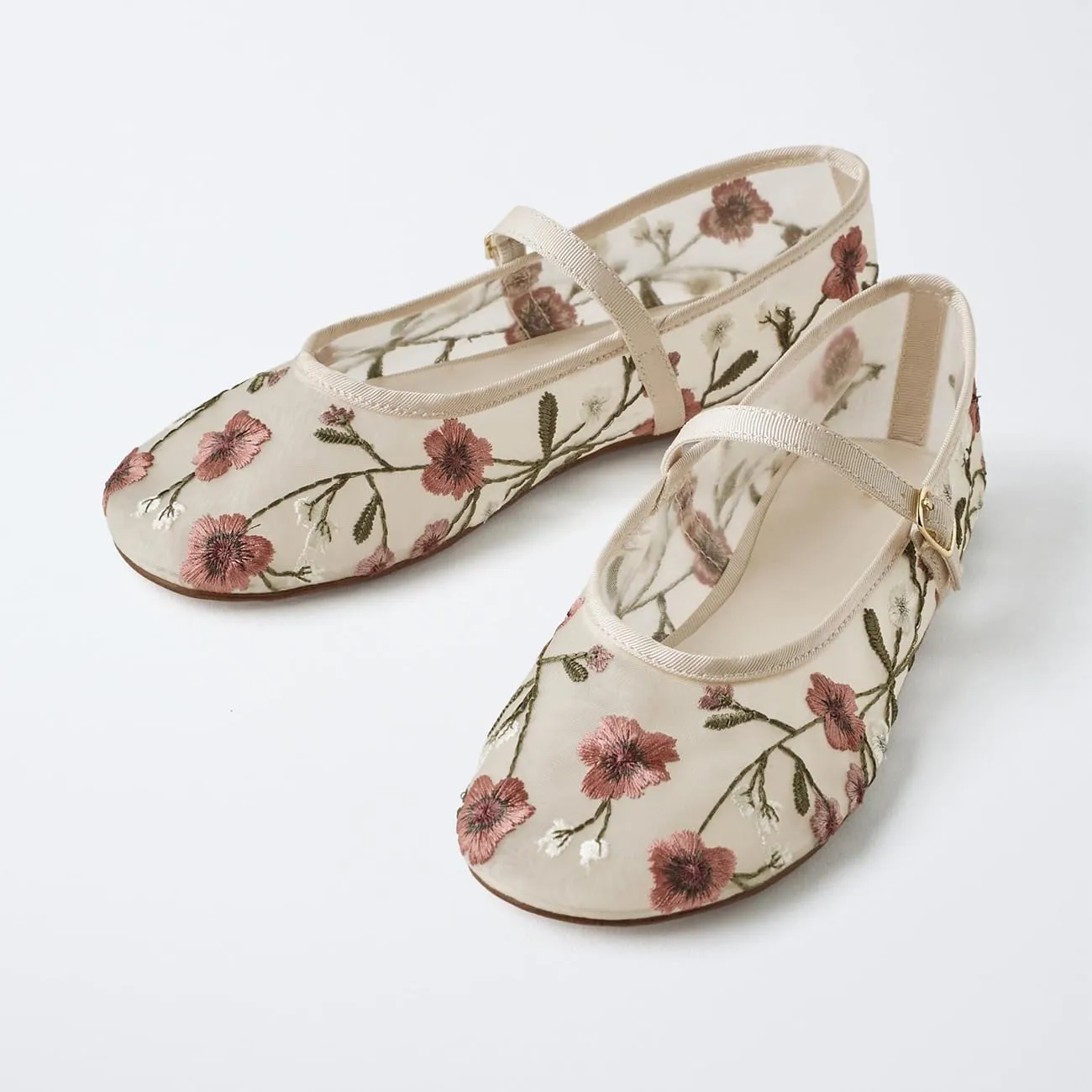 MRKEWUNEY Mesh Ballet Flats for Women Embroidered Floral Round Toe Mary Jane Flats