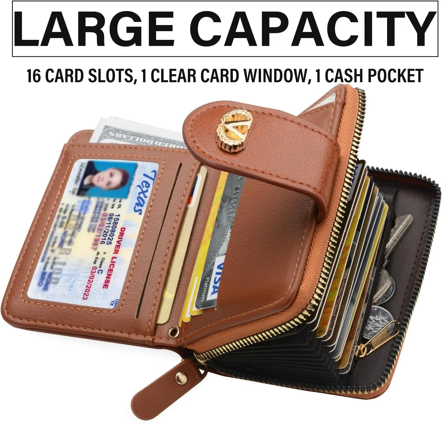 Multi-Purpose Wallet High Capacity Card Holder Zipper Coin Purse with Wristlet Bracelet Keychain Silicone Beaded Bangle Key Ring