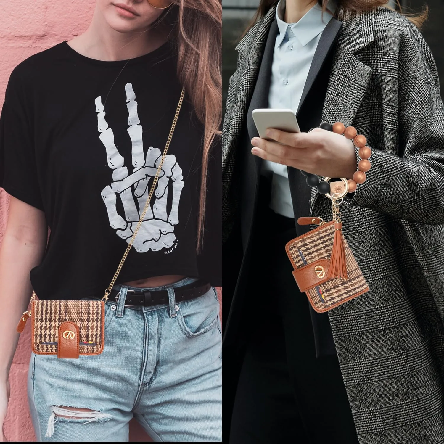 Multi-Purpose Wallet High Capacity Card Holder Zipper Coin Purse with Wristlet Bracelet Keychain Silicone Beaded Bangle Key Ring
