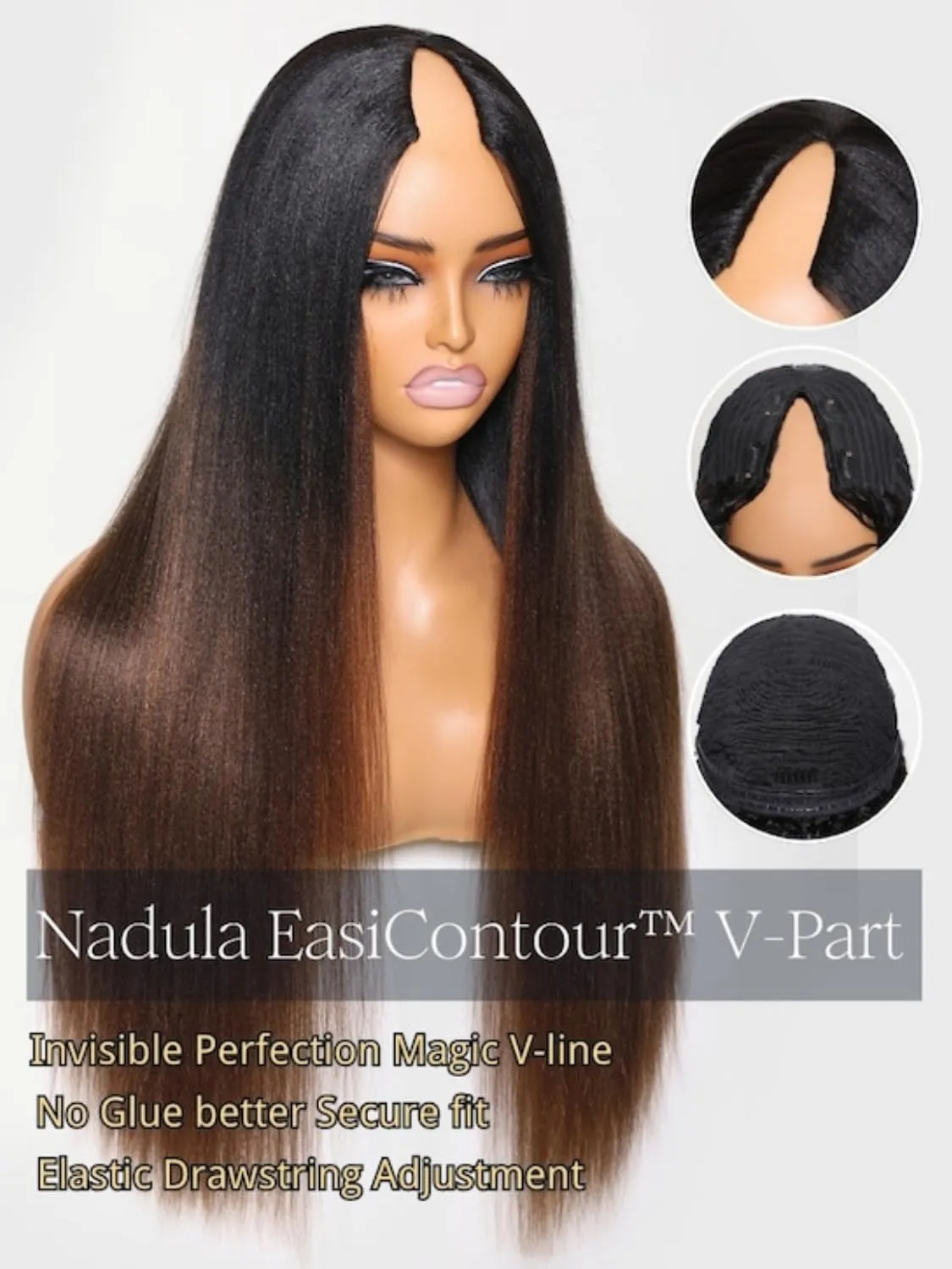 Nadula Ombre Brown Yaki Straight V Part Wig Human Hair with Drawstring No Leave Out EasiContour Vpart Wigs,Glueless Chestnut Brown Highlight Clip in V-part Yaki Wig, Upgrade Yaki U Part Wig 22inch