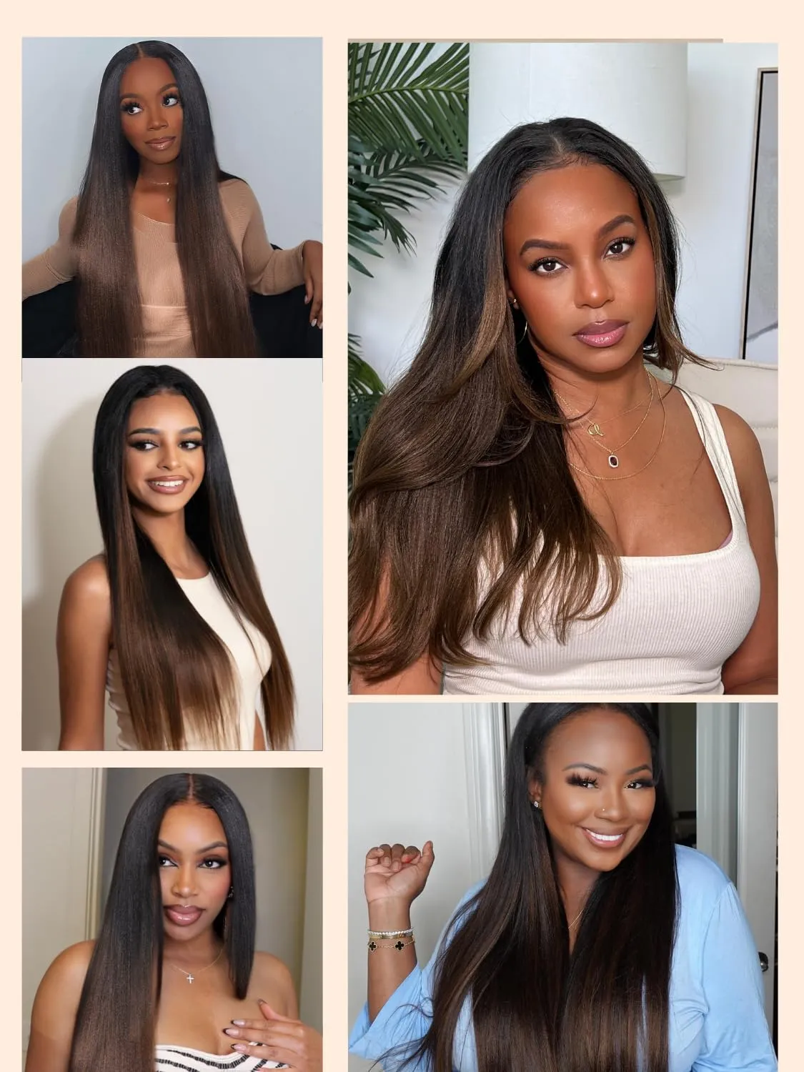 Nadula Ombre Brown Yaki Straight V Part Wig Human Hair with Drawstring No Leave Out EasiContour Vpart Wigs,Glueless Chestnut Brown Highlight Clip in V-part Yaki Wig, Upgrade Yaki U Part Wig 22inch