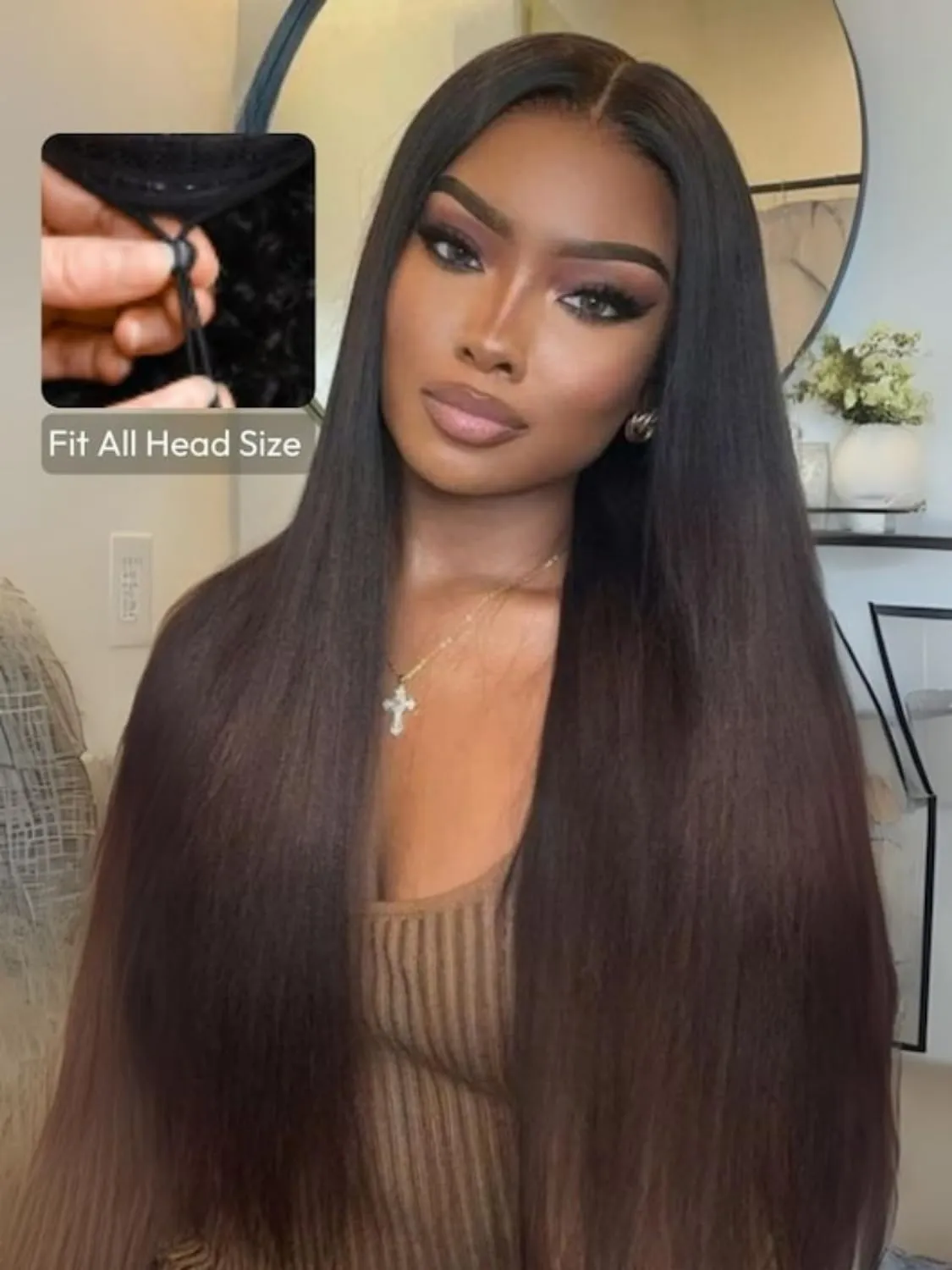 Nadula Ombre Brown Yaki Straight V Part Wig Human Hair with Drawstring No Leave Out EasiContour Vpart Wigs,Glueless Chestnut Brown Highlight Clip in V-part Yaki Wig, Upgrade Yaki U Part Wig 22inch