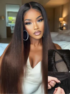 Nadula Ombre Brown Yaki Straight V Part Wig Human Hair with Drawstring No Leave Out EasiContour Vpart Wigs,Glueless Chestnut Brown Highlight Clip in V-part Yaki Wig, Upgrade Yaki U Part Wig 22inch