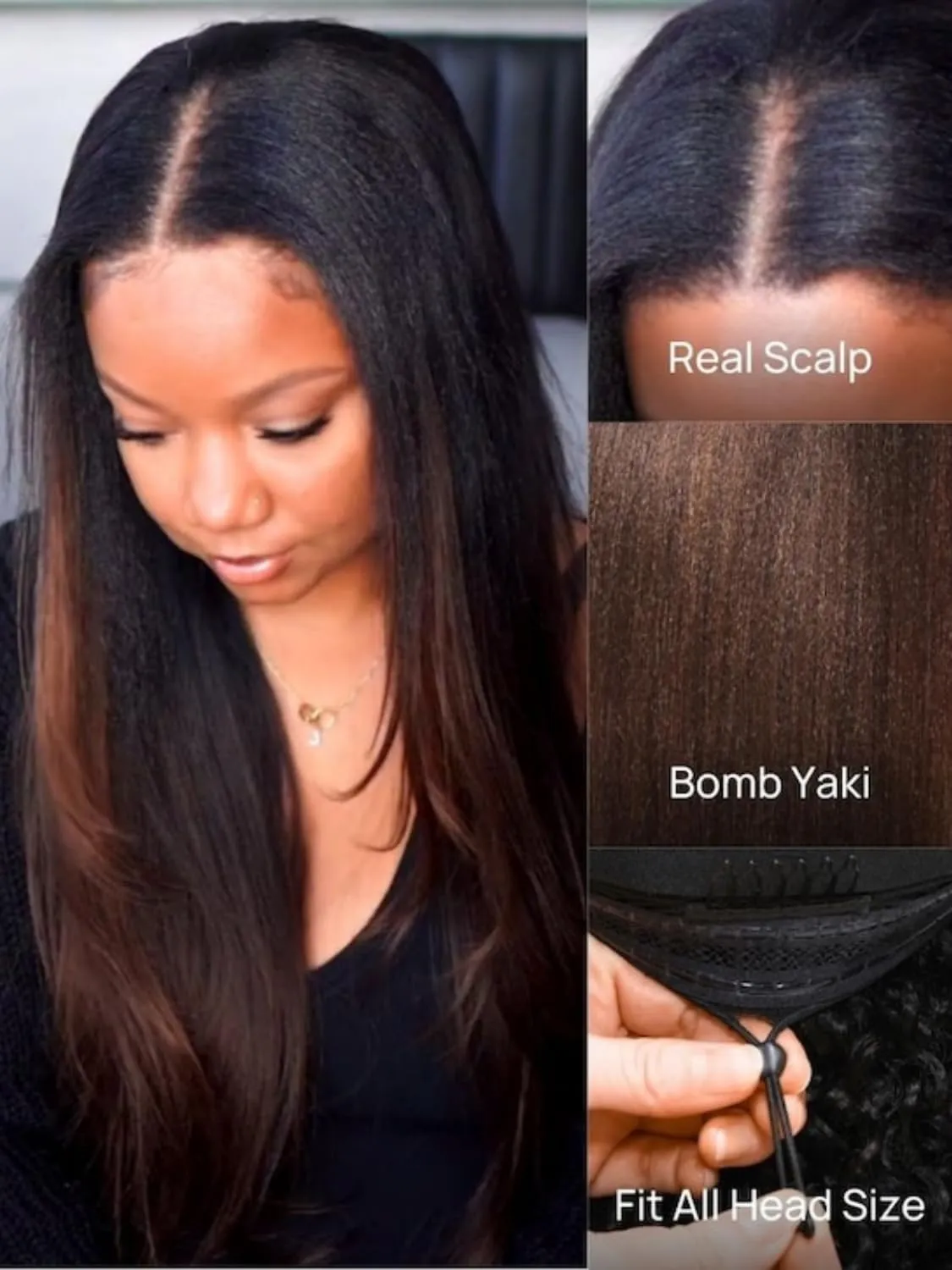 Nadula Ombre Brown Yaki Straight V Part Wig Human Hair with Drawstring No Leave Out EasiContour Vpart Wigs,Glueless Chestnut Brown Highlight Clip in V-part Yaki Wig, Upgrade Yaki U Part Wig 22inch