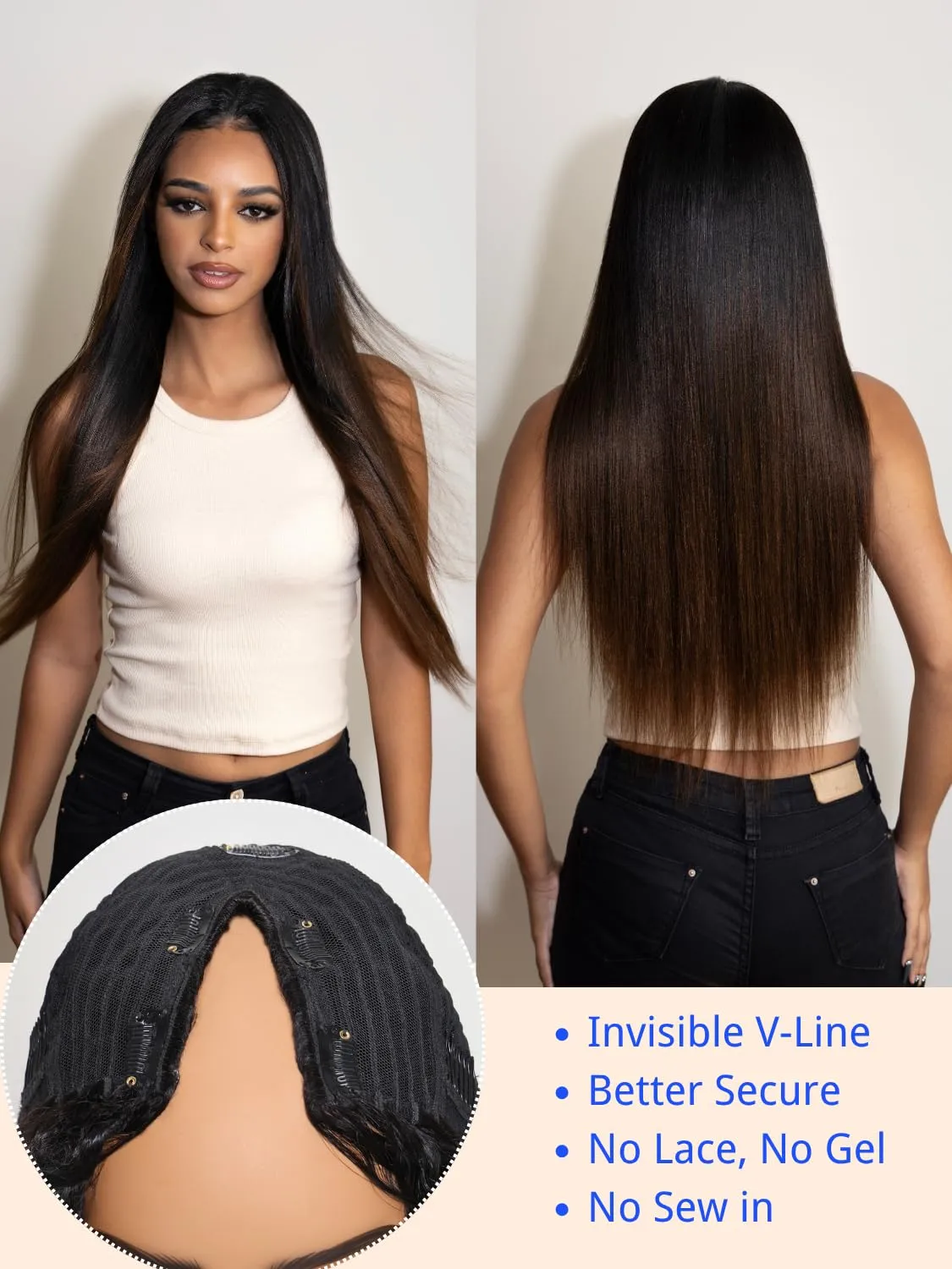 Nadula Ombre Brown Yaki Straight V Part Wig Human Hair with Drawstring No Leave Out EasiContour Vpart Wigs,Glueless Chestnut Brown Highlight Clip in V-part Yaki Wig, Upgrade Yaki U Part Wig 22inch
