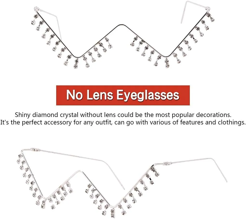 Naimo No Lens Diamond Decor Half Glasses Frame Retro Crystal Metal V Frame Eyeglasses Without Lens
