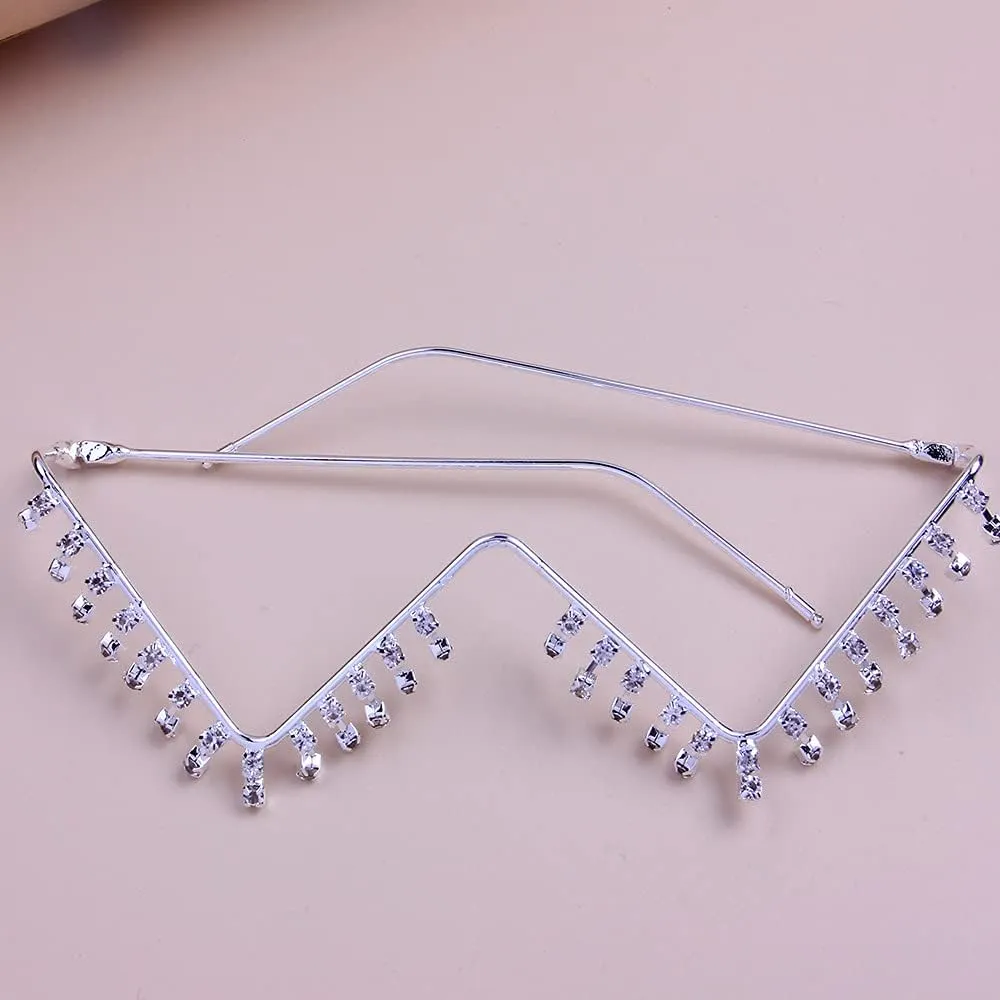 Naimo No Lens Diamond Decor Half Glasses Frame Retro Crystal Metal V Frame Eyeglasses Without Lens