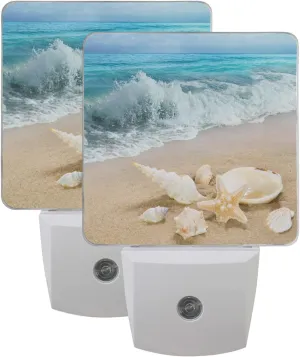 Ocean Beach Summer Night Light Set of 2 Starfish Seashell Sea Nightlights Plug-in LED Nightlight Auto Dusk-to-Dawn Sensor Lamp for Bedroom Bathroom Kitchen Hallway Stairs