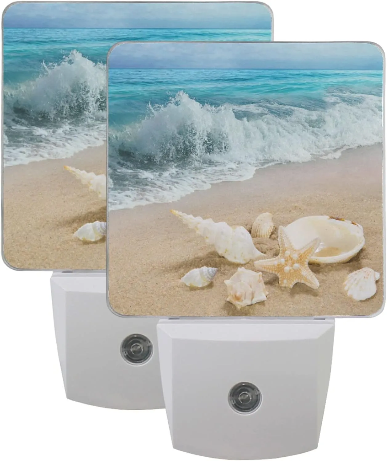 Ocean Beach Summer Night Light Set of 2 Starfish Seashell Sea Nightlights Plug-in LED Nightlight Auto Dusk-to-Dawn Sensor Lamp for Bedroom Bathroom Kitchen Hallway Stairs