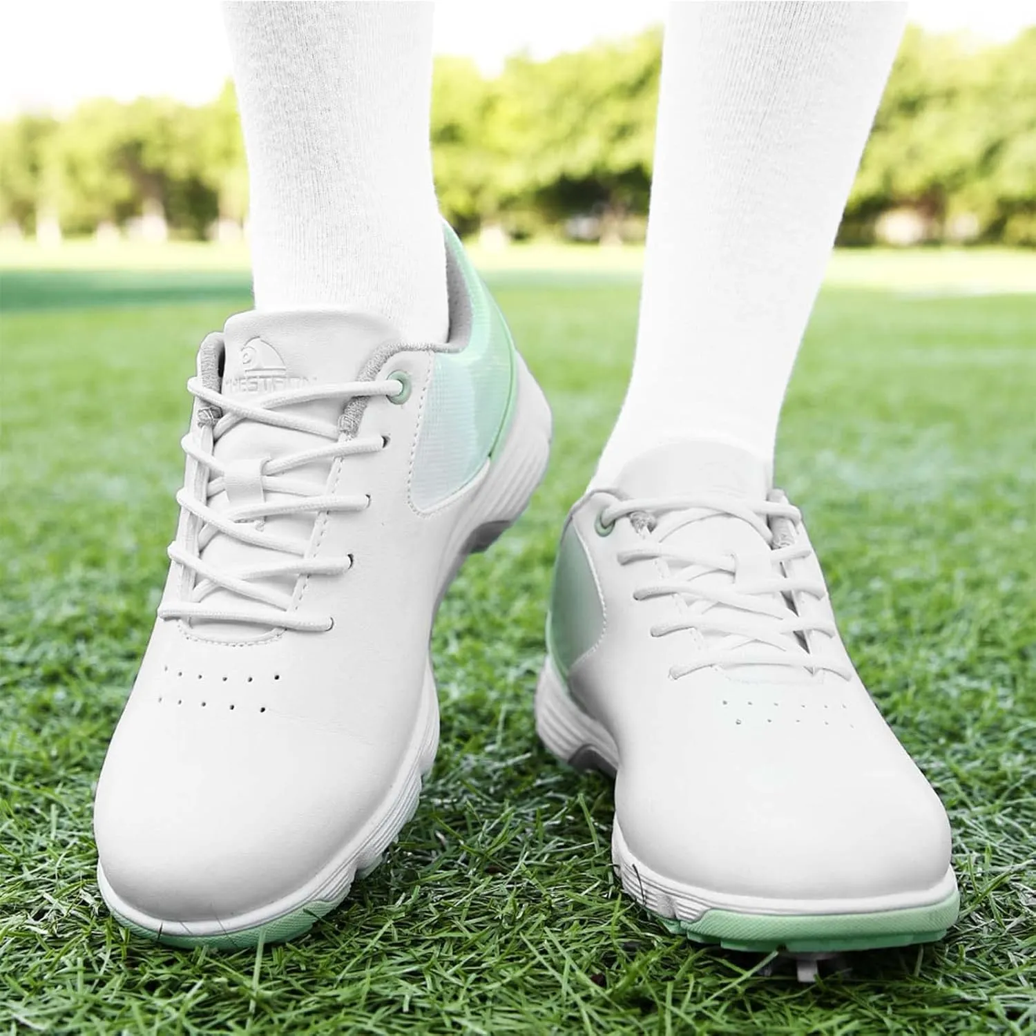 ONAIC Womens Golf Shoes with Spiked Leather Waterproof Sneakers Wide Fitting Non-Slip Trainers Non-Slip