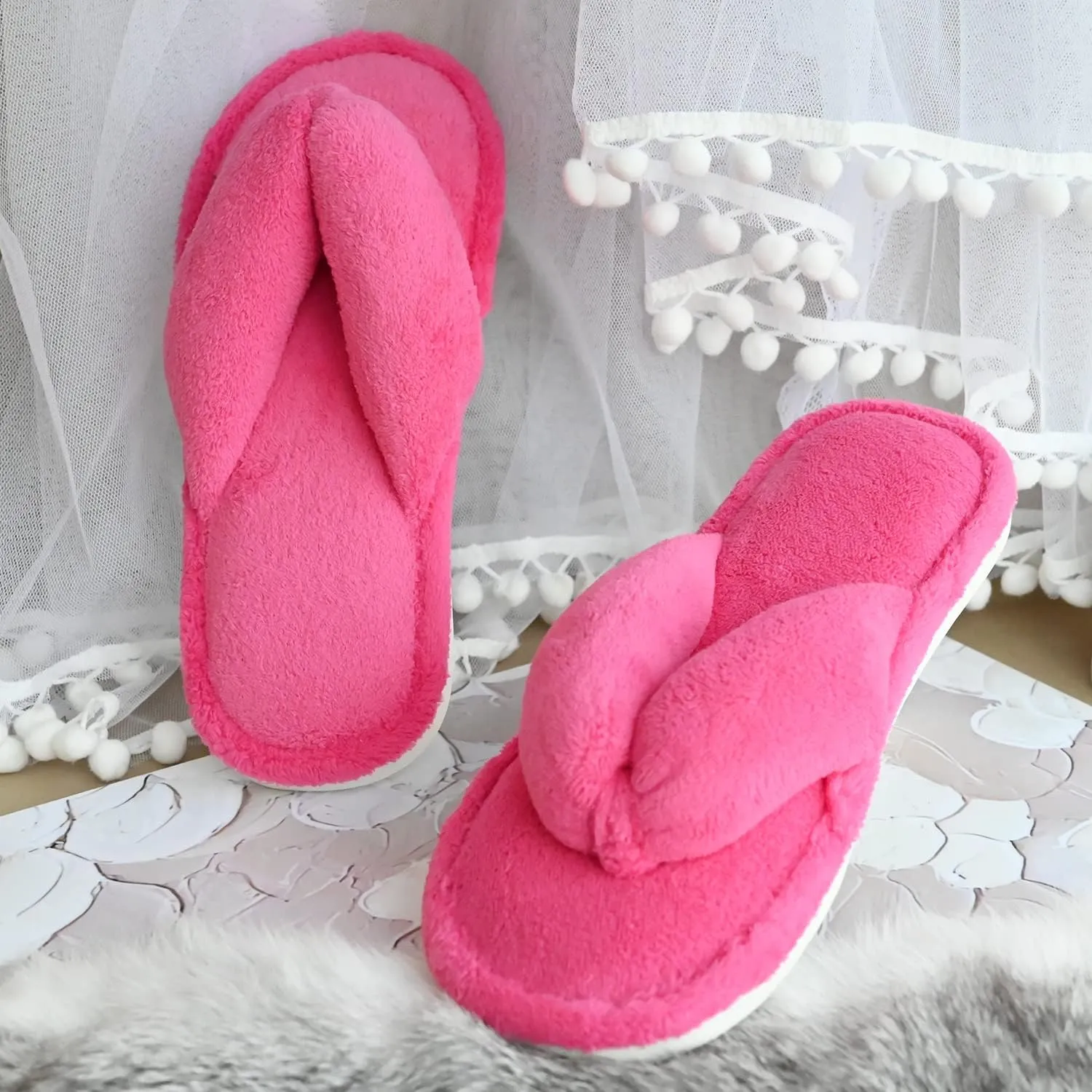 Onmygogo Indoor Slippers for Women Open Toe with Memory Foam, Soft Faux Fur Nonslip House Slippers
