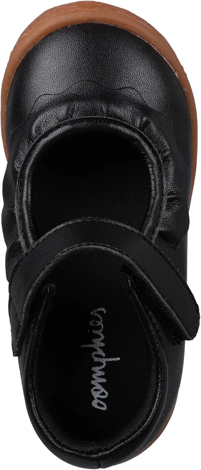 Oomphies Amina Leather Mary Jane Shoes for Girls – Ruffled Dress Shoes with Hook & Loop Closure, Soft Cushion Footbed