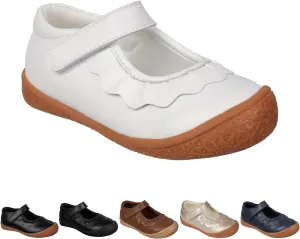 Oomphies Amina Leather Mary Jane Shoes for Girls – Ruffled Dress Shoes with Hook & Loop Closure, Soft Cushion Footbed