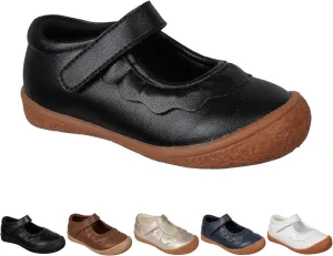 Oomphies Amina Leather Mary Jane Shoes for Girls – Ruffled Dress Shoes with Hook & Loop Closure, Soft Cushion Footbed