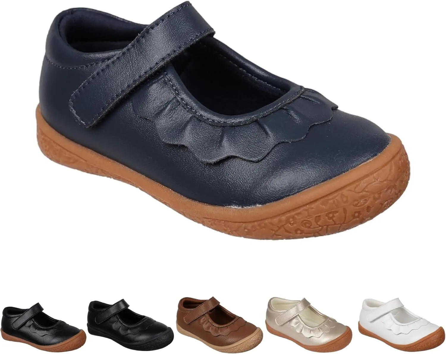 Oomphies Amina Leather Mary Jane Shoes for Girls – Ruffled Dress Shoes with Hook & Loop Closure, Soft Cushion Footbed