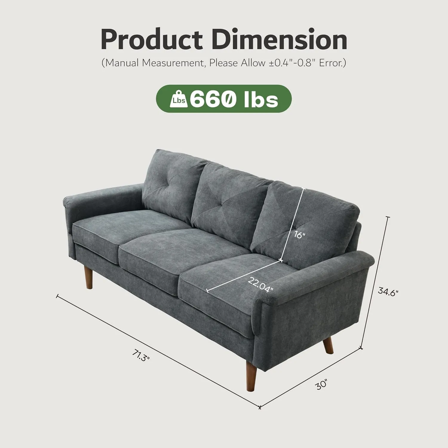 ovios Luxury 3 Seater Sofa with Faux Leather,Mid-Century Modern Couch with Comfortable Armrest,Comfy Couches with Deep Seat,Small Sofas for Living Room Bedroom, Grey