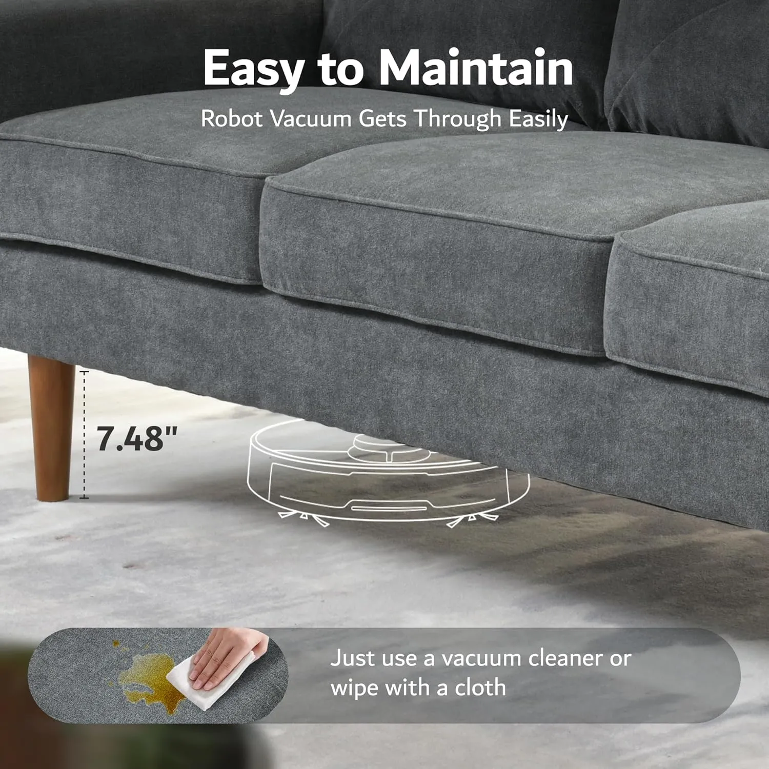 ovios Luxury 3 Seater Sofa with Faux Leather,Mid-Century Modern Couch with Comfortable Armrest,Comfy Couches with Deep Seat,Small Sofas for Living Room Bedroom, Grey