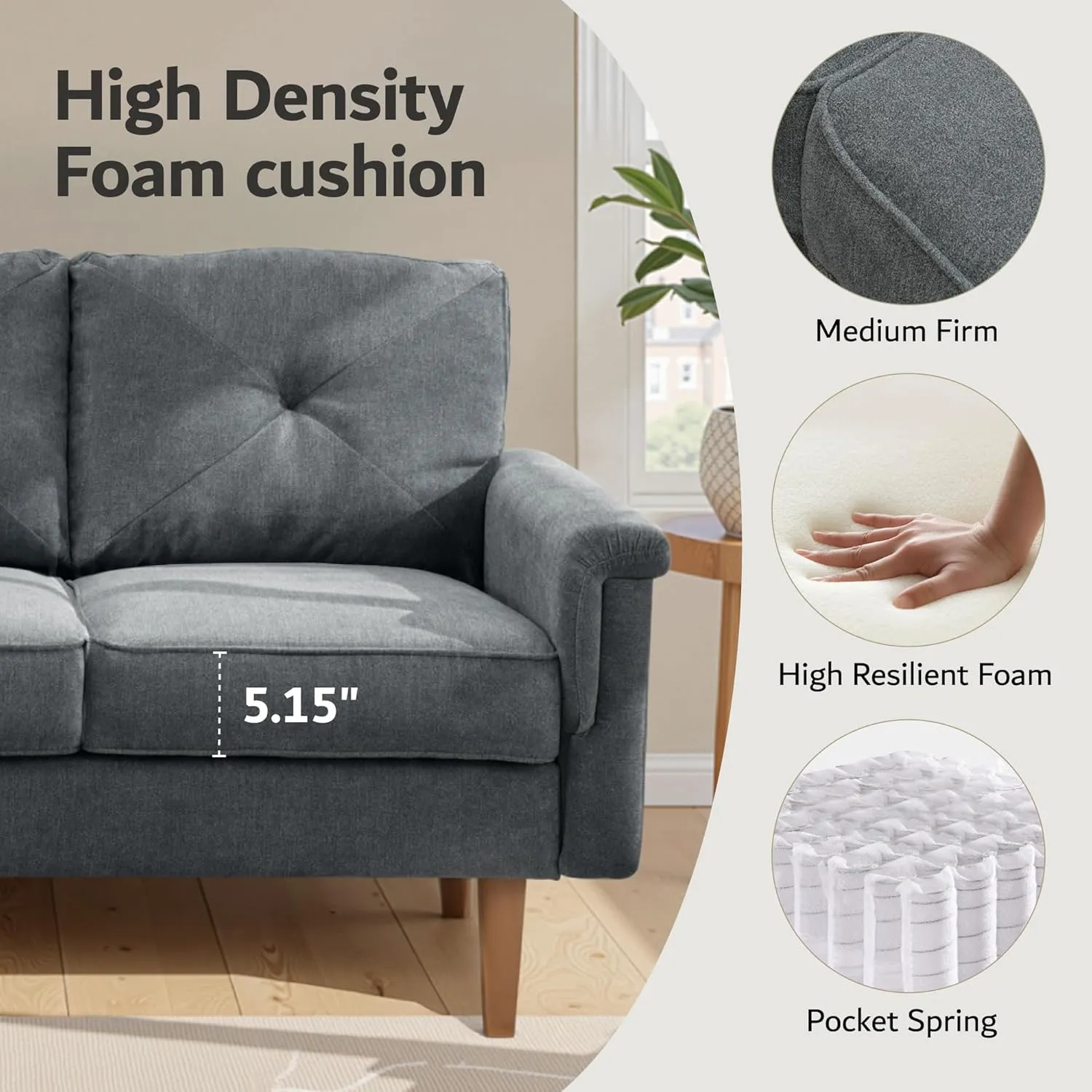ovios Luxury 3 Seater Sofa with Faux Leather,Mid-Century Modern Couch with Comfortable Armrest,Comfy Couches with Deep Seat,Small Sofas for Living Room Bedroom, Grey