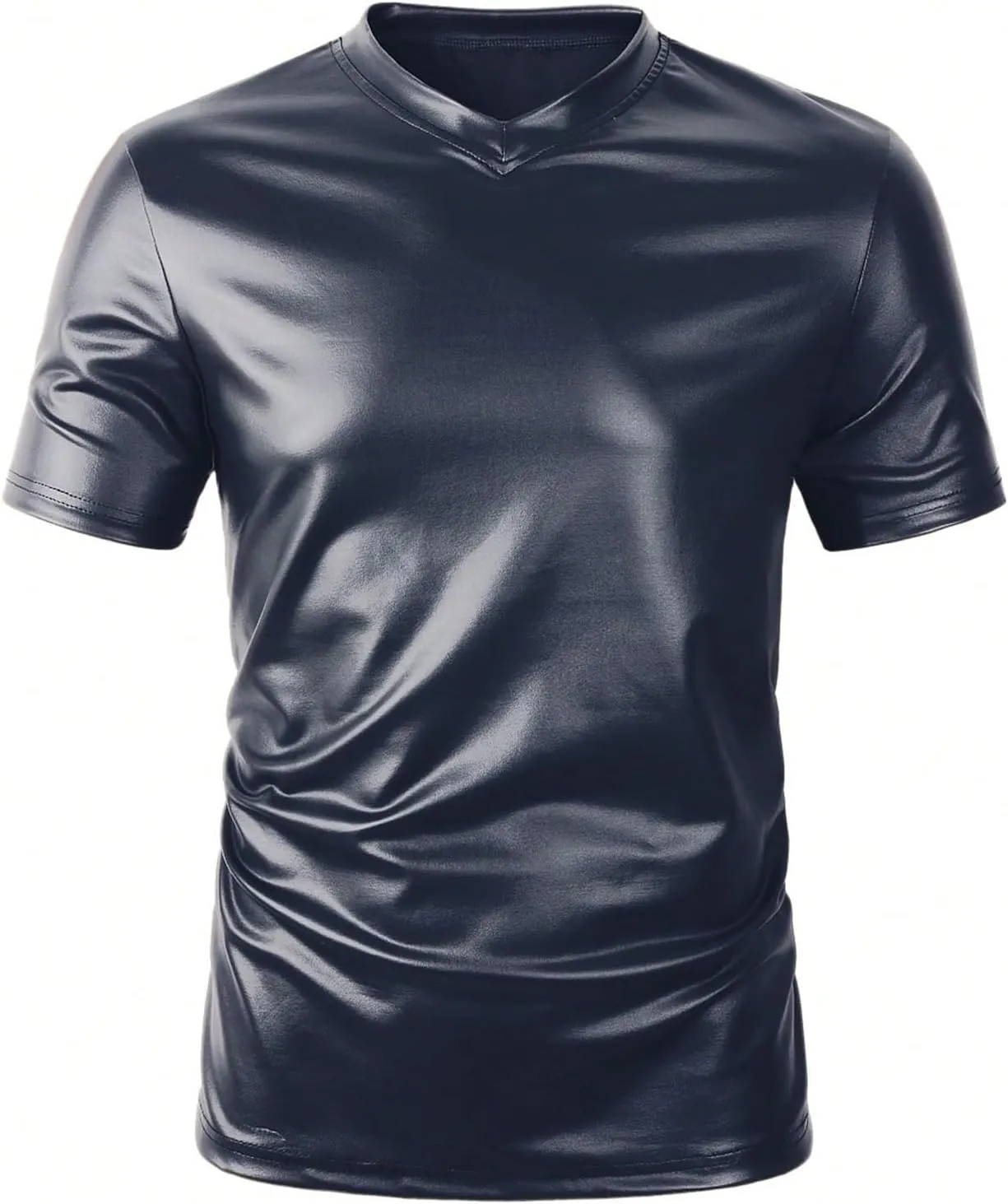 OYOANGLE Men's PU Leather V Neck Short Sleeve T-Shirt Party Solid Muscle Tee Tops Clubwear