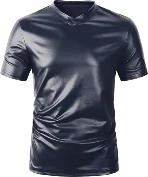 OYOANGLE Men's PU Leather V Neck Short Sleeve T-Shirt Party Solid Muscle Tee Tops Clubwear