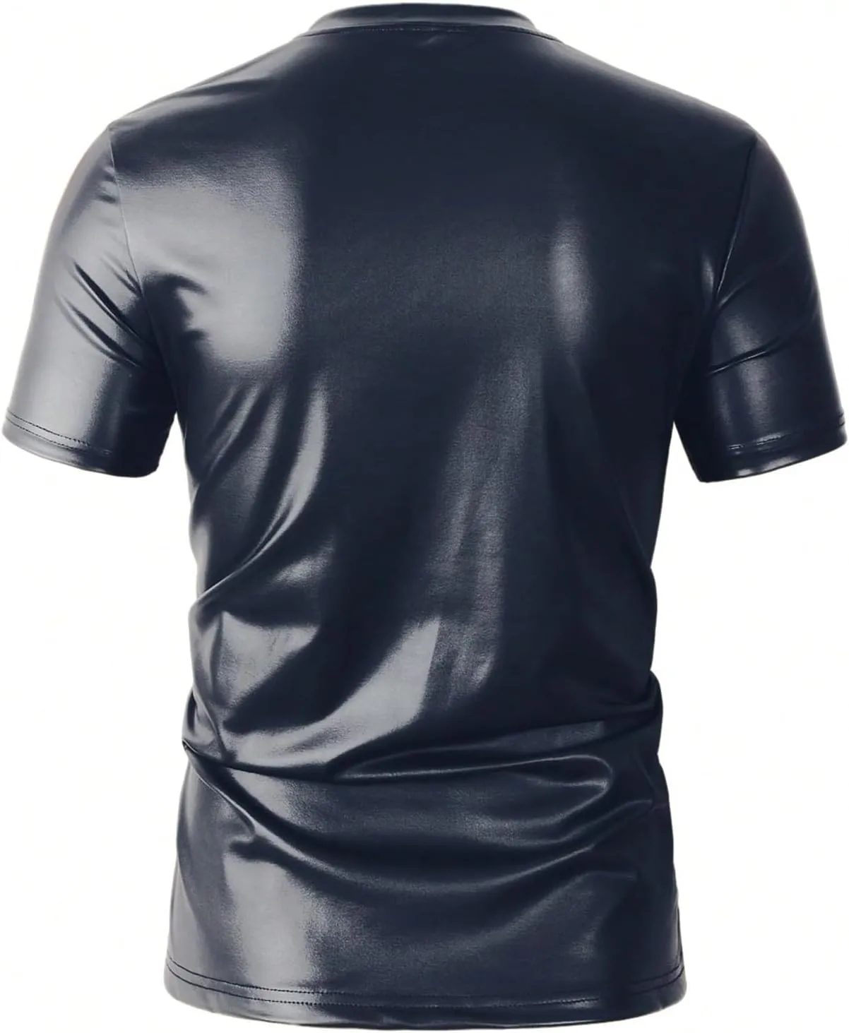 OYOANGLE Men's PU Leather V Neck Short Sleeve T-Shirt Party Solid Muscle Tee Tops Clubwear