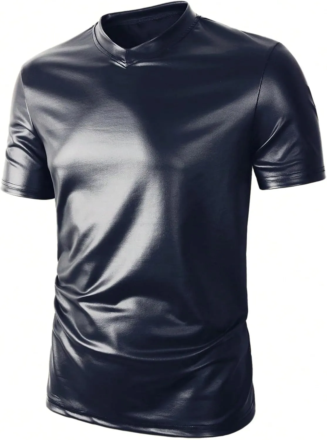OYOANGLE Men's PU Leather V Neck Short Sleeve T-Shirt Party Solid Muscle Tee Tops Clubwear