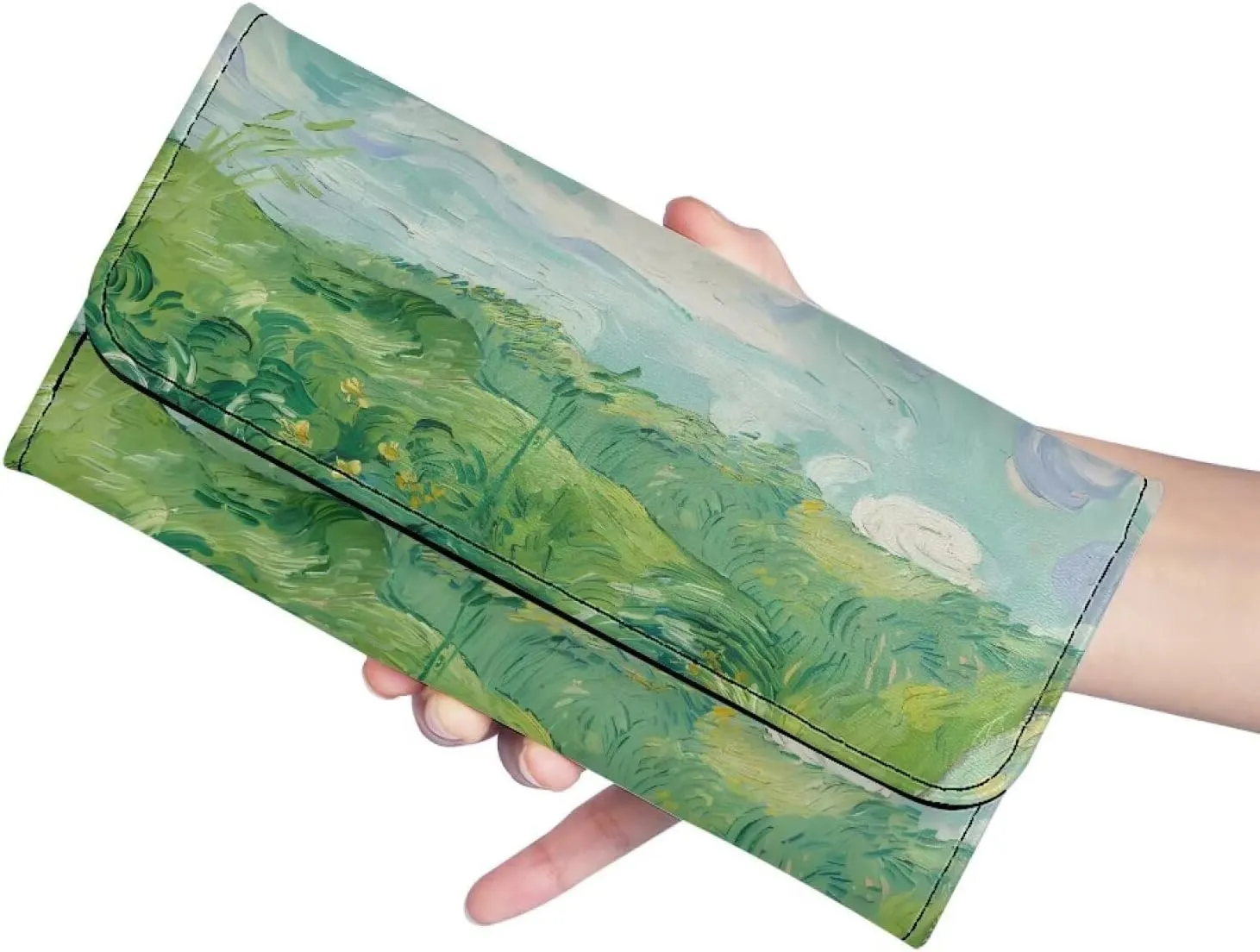 Painting Countryside Women Soft Leather Trifold Slim Wallets, Green Wheat Fields Auvers, Van Gogh Art Ladies Wallet Card Holder Phone Organizer, Snap Closure
