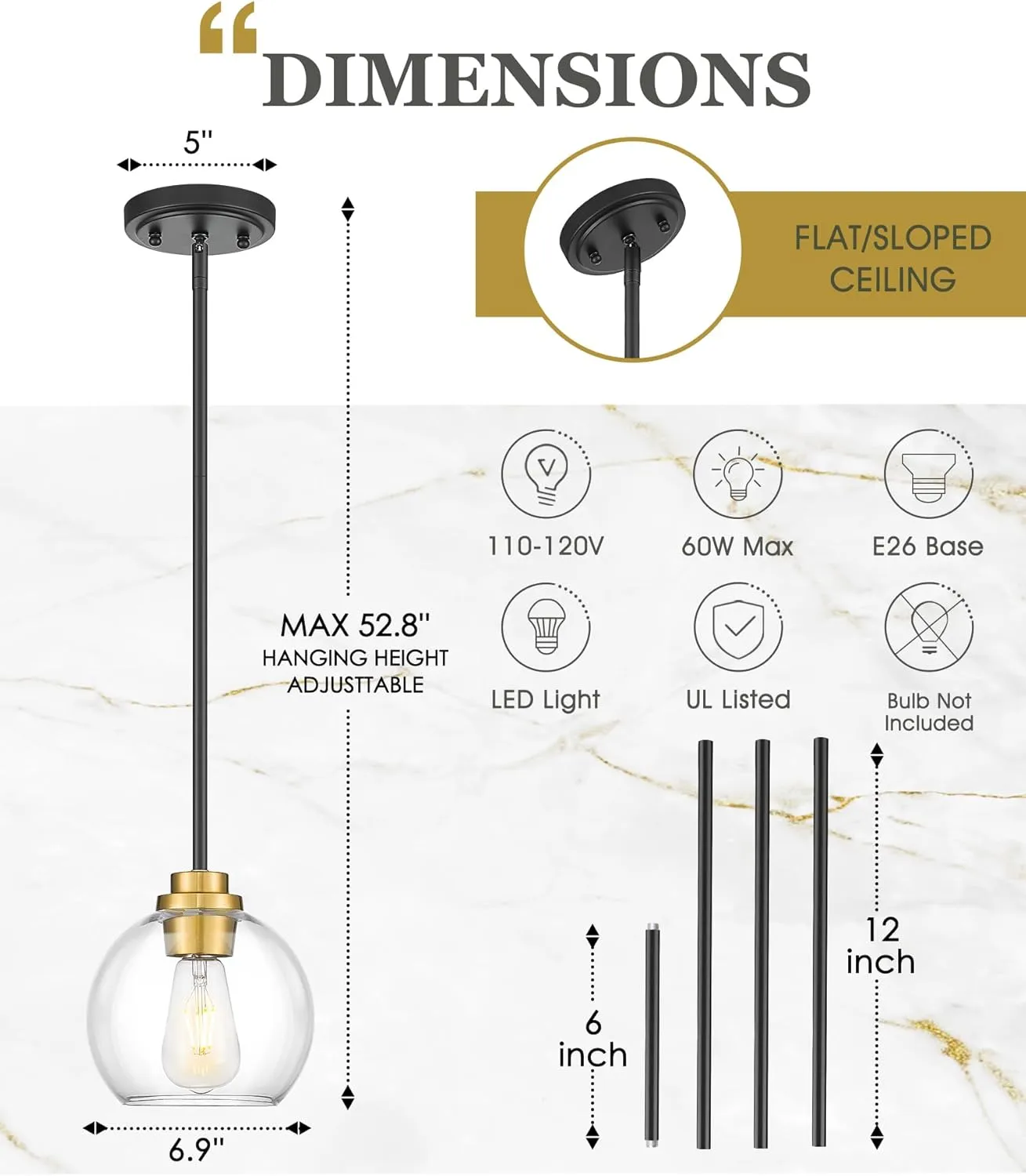Pendant Lights Kitchen Island 2 Pack, 7" Black and Gold Hanging Lights Fixtures with Clear Glass Globe Shade, Modern Kitchen Island Lighting for Bathroom, AD-22280-1P2-KG