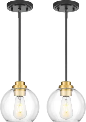 Pendant Lights Kitchen Island 2 Pack, 7" Black and Gold Hanging Lights Fixtures with Clear Glass Globe Shade, Modern Kitchen Island Lighting for Bathroom, AD-22280-1P2-KG