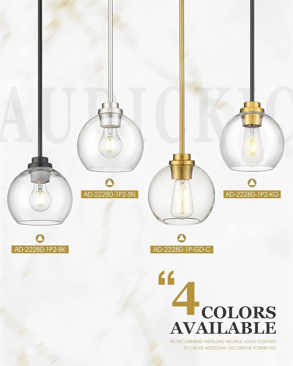 Pendant Lights Kitchen Island 2 Pack, 7" Black and Gold Hanging Lights Fixtures with Clear Glass Globe Shade, Modern Kitchen Island Lighting for Bathroom, AD-22280-1P2-KG