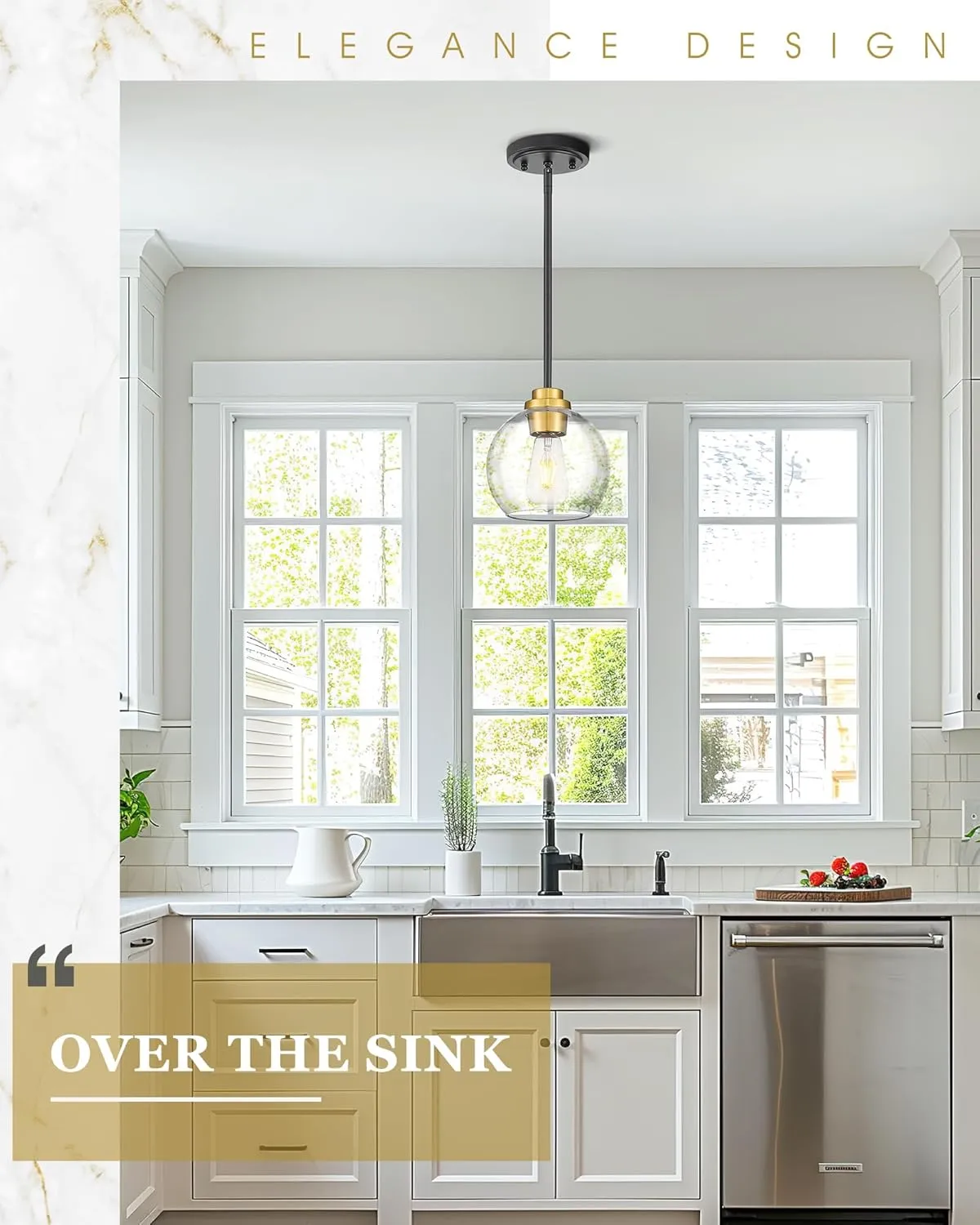 Pendant Lights Kitchen Island 2 Pack, 7" Black and Gold Hanging Lights Fixtures with Clear Glass Globe Shade, Modern Kitchen Island Lighting for Bathroom, AD-22280-1P2-KG
