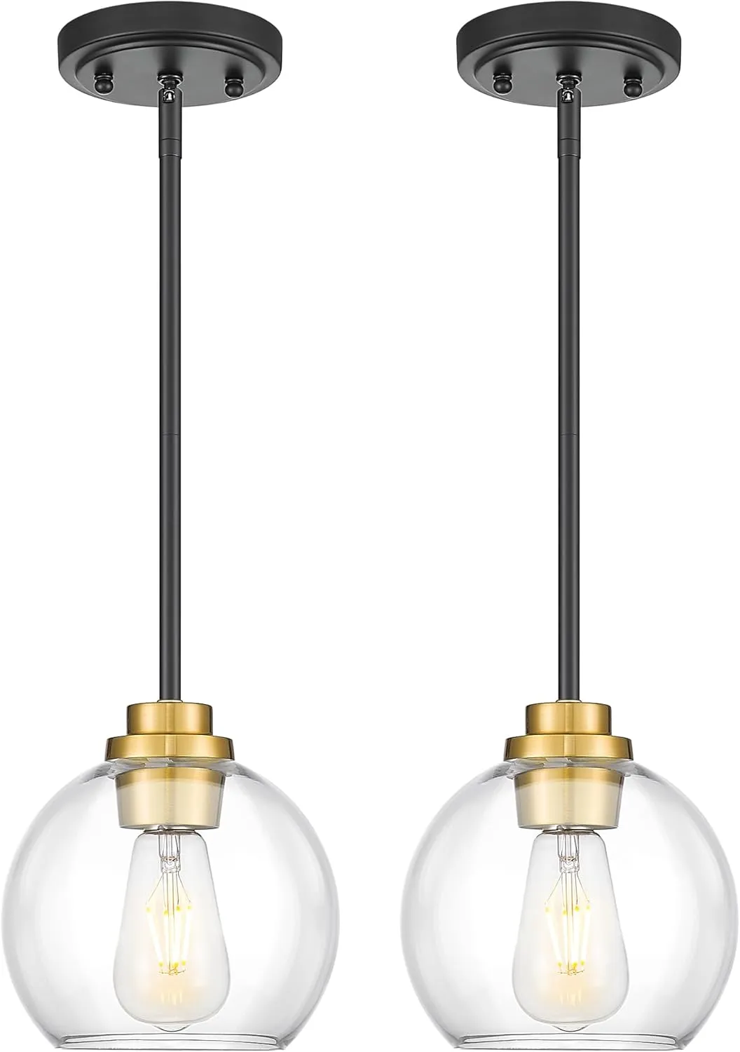 Pendant Lights Kitchen Island 2 Pack, 7" Black and Gold Hanging Lights Fixtures with Clear Glass Globe Shade, Modern Kitchen Island Lighting for Bathroom, AD-22280-1P2-KG