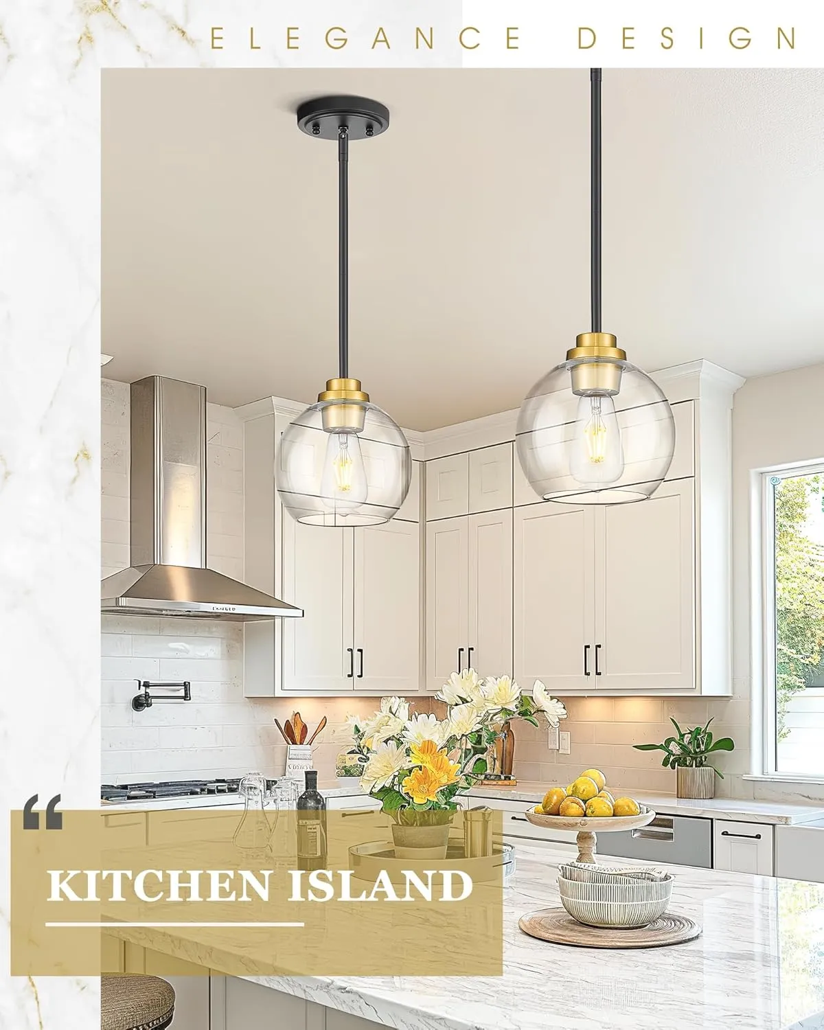 Pendant Lights Kitchen Island 2 Pack, 7" Black and Gold Hanging Lights Fixtures with Clear Glass Globe Shade, Modern Kitchen Island Lighting for Bathroom, AD-22280-1P2-KG